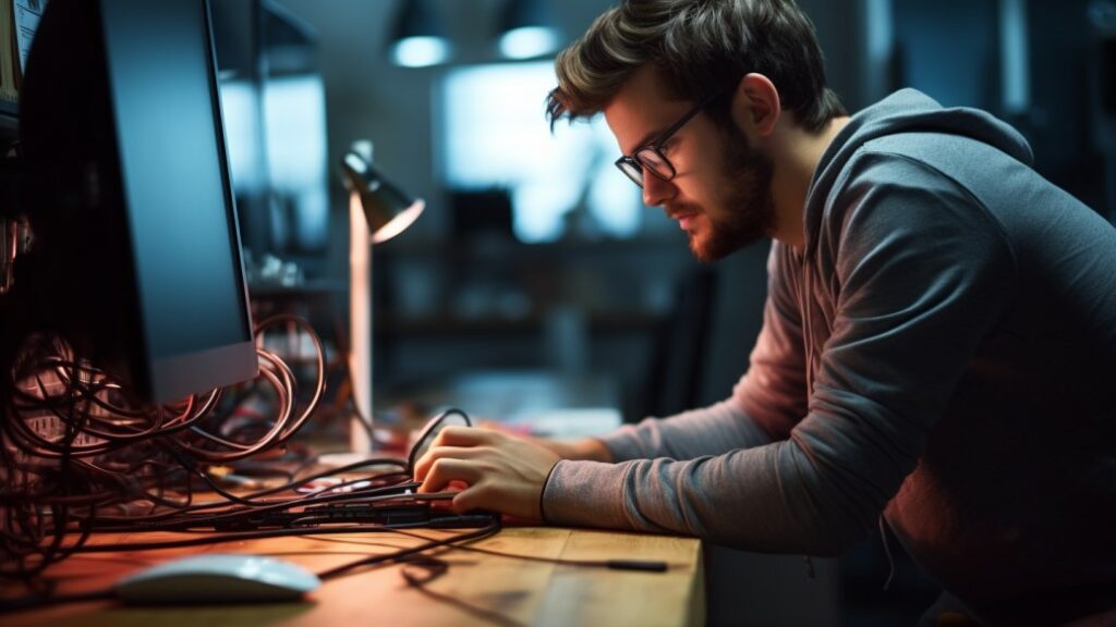 Man zit achter een bureau met een computermonitor en allerlei kabels waarnaar hij kijkt