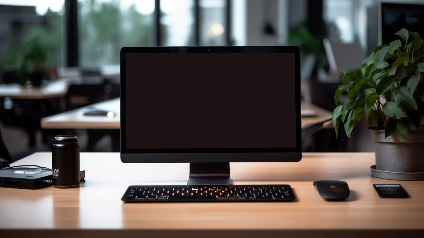 Monitor met een zwart beeld op een bureau