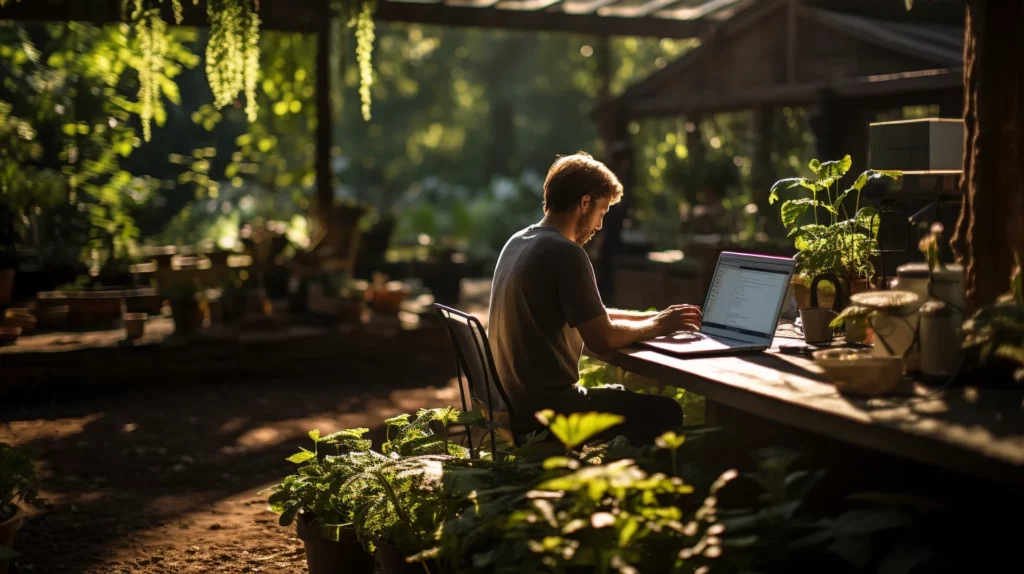 Man werkt buiten met laptop op tafel in schaduwrijke omgeving