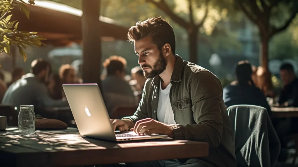 Man werkt buiten met MacBook op tafel in schaduwrijke omgeving 