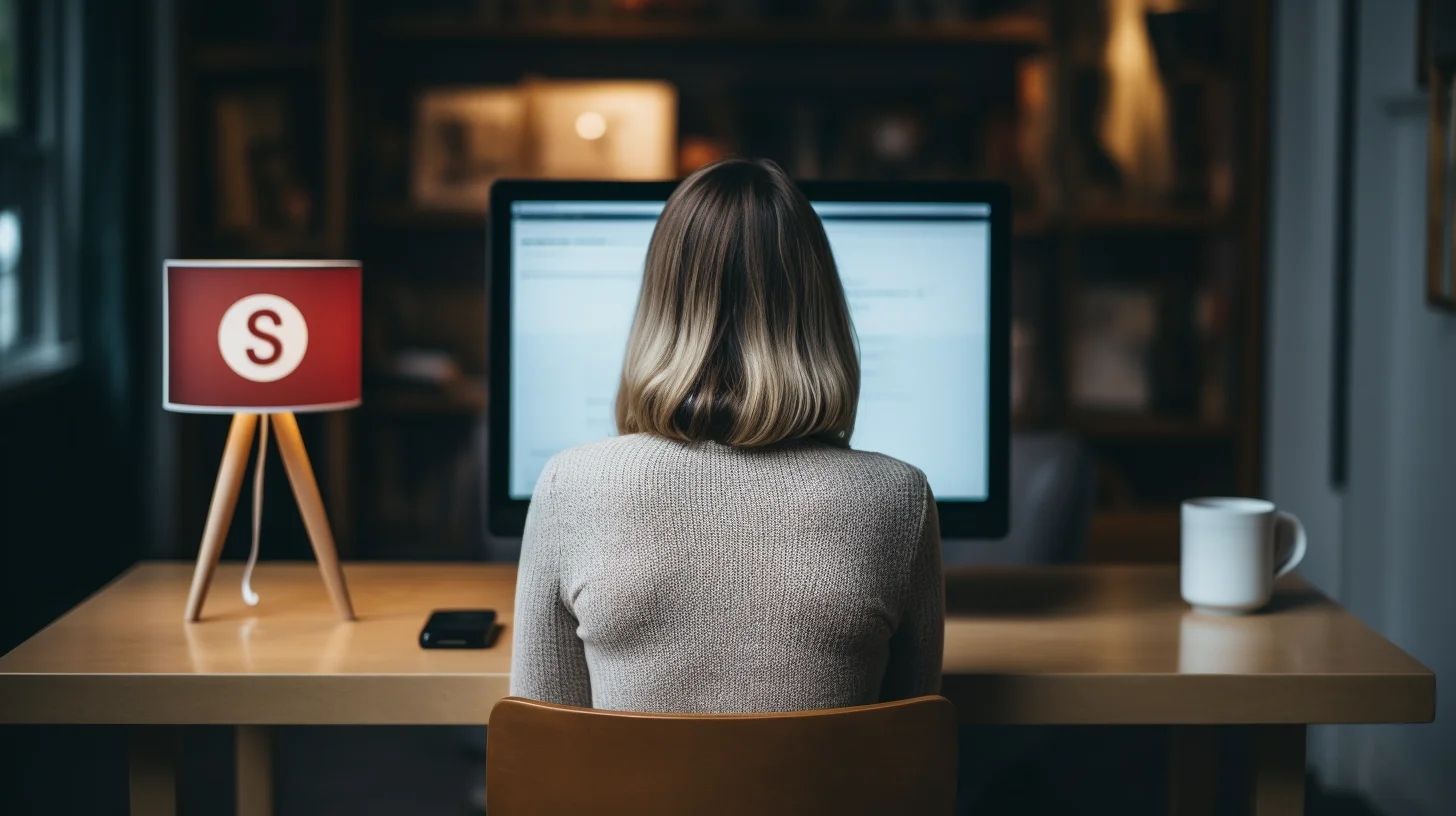 Vrouw zit voor een desktopcomputer met een onscherp beeld