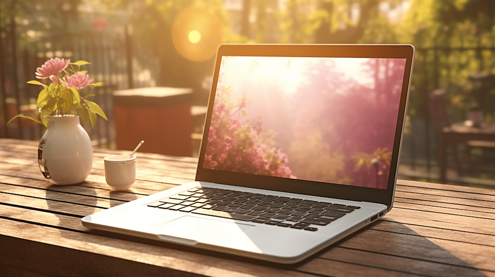 laptop buiten op bureau met een inval van zonlicht aan de linkerkant