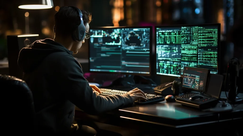 Een hacker op een computer met dubbele monitor