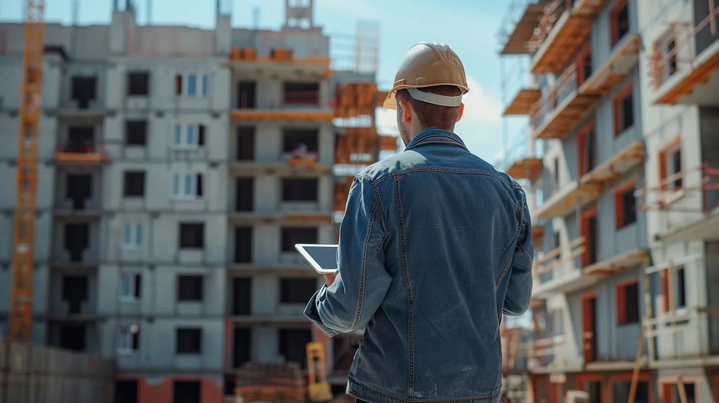 een aannemer staat op een bouwplaats met een tablet in zijn handen
