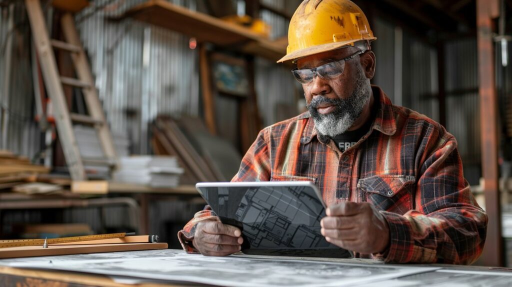 een bouwvakker bekijkt tekeningen op een tablet aan een bureau