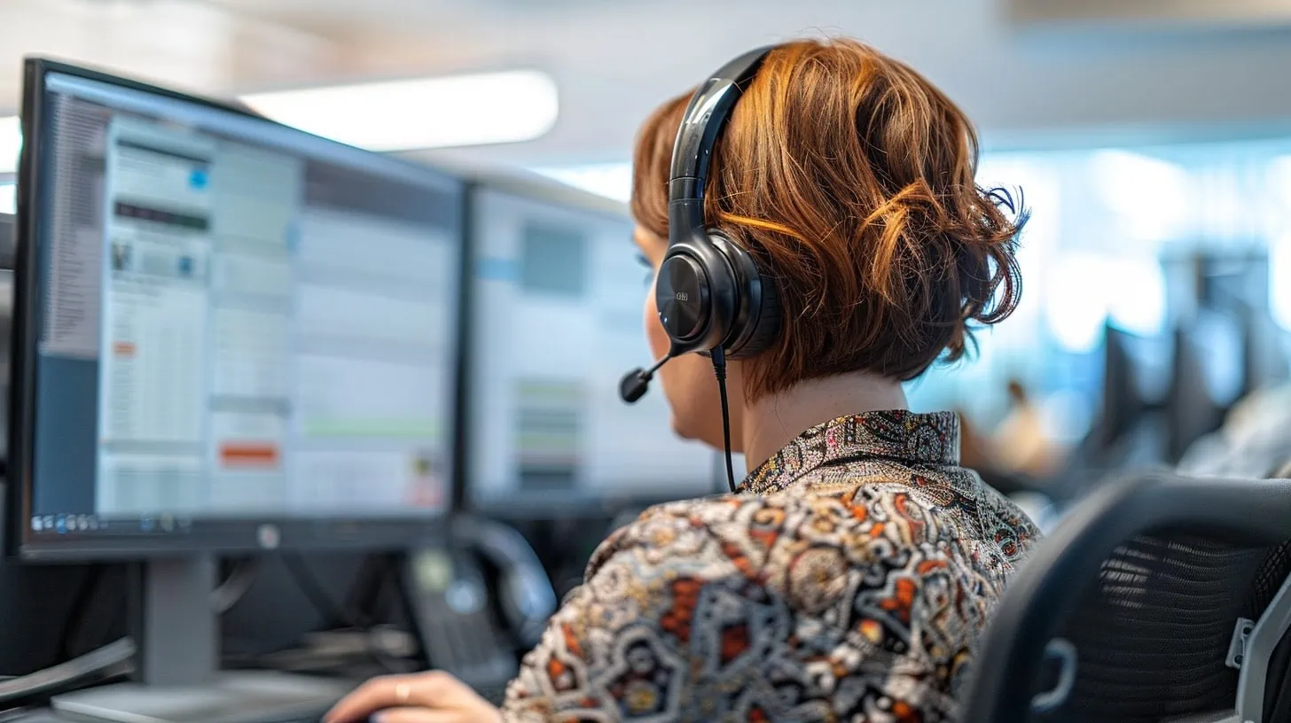een medewerker van een managed cloud service bedrijf achter haar computer met een headset op