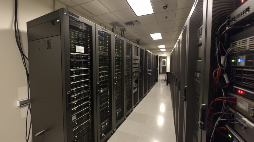 een serverkamer vol met servers onder tl lampen