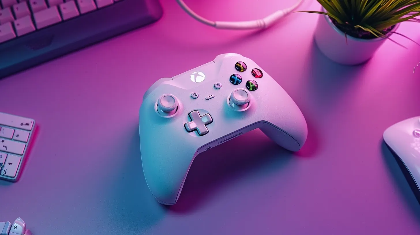 een witte xbox controller op een blauw roze belicht bureau