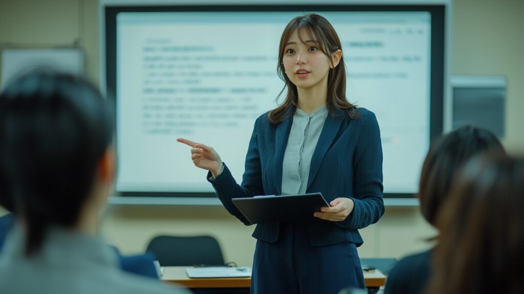 een vrouw in een blauw jasje houdt een iPad vast en geeft een cursus voor een smartboard