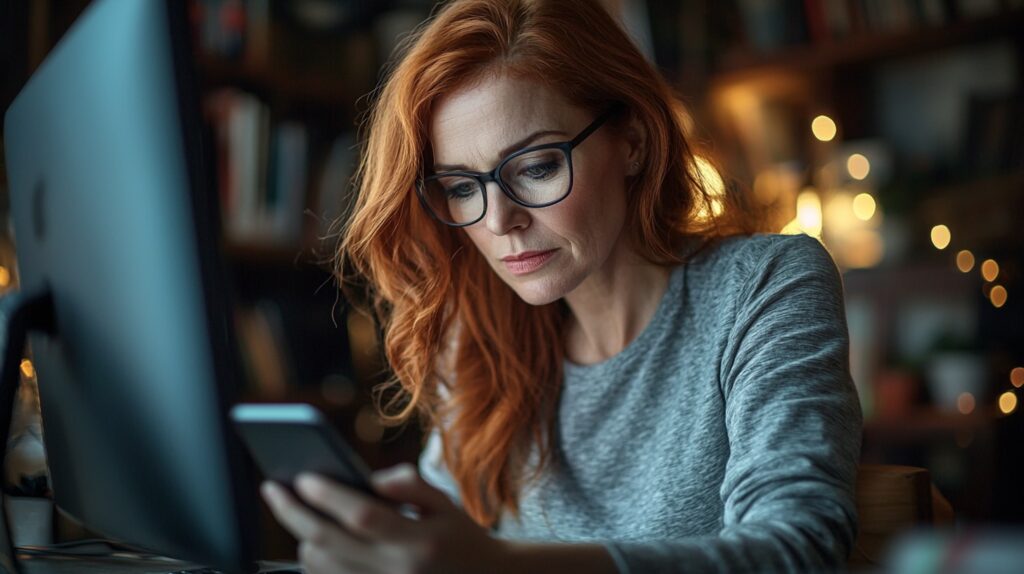 vrouw met rood haar en een bril op zit met haar smartphone in haar hand voor een imac